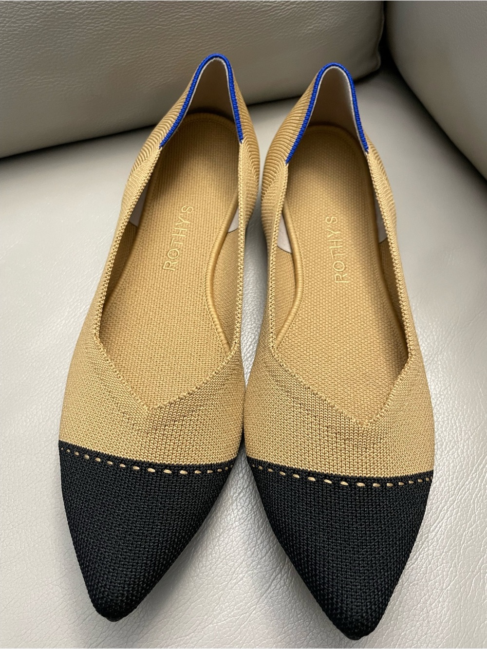 Rothy's Women’s Pointed Toe Two-Tone Flats in Tan and Black Sz.11 NEW!
